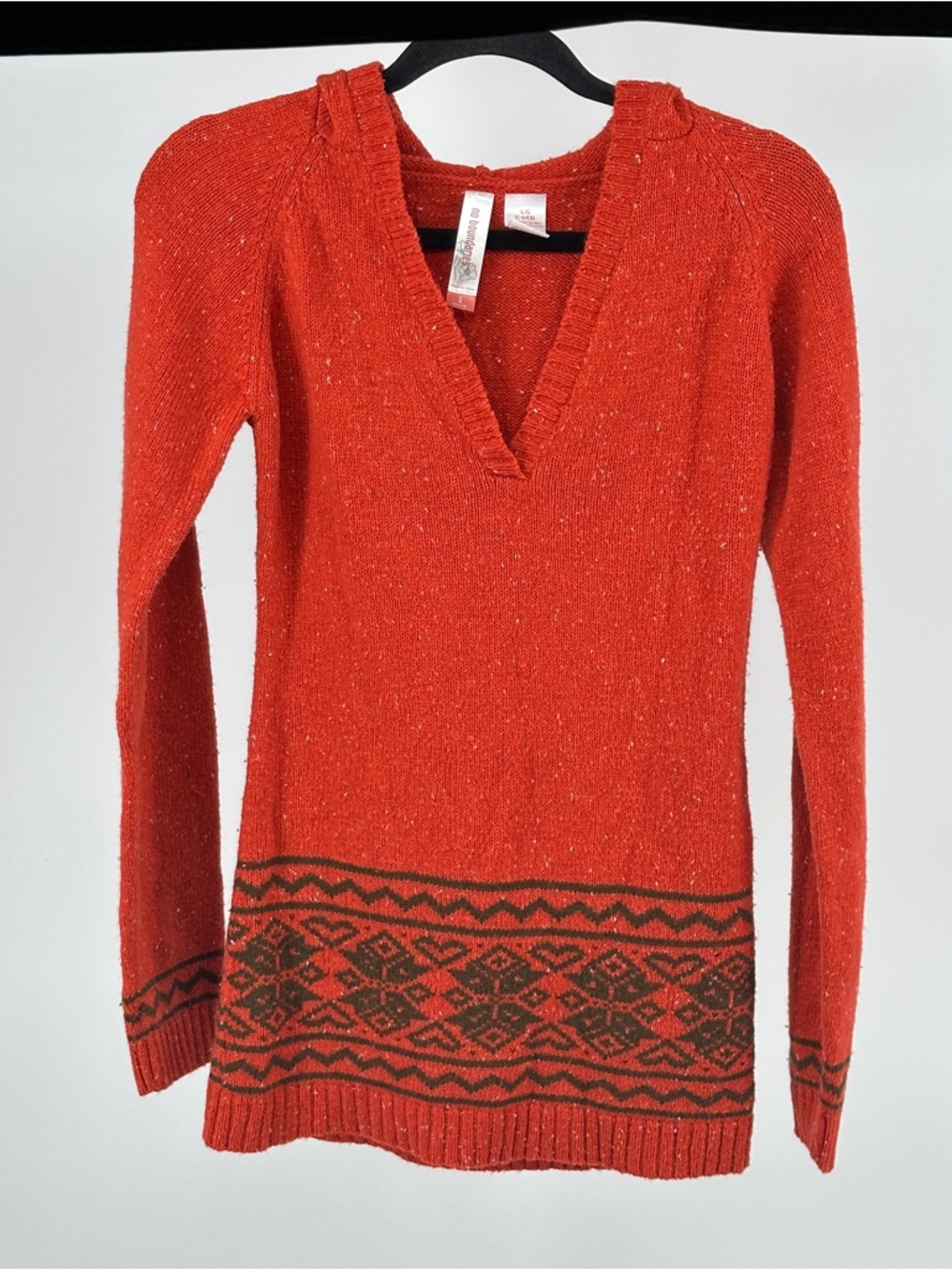 Y2K Orange‎ Green l V-Neck Hooded  Patterned Women's Large Sweater